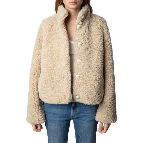 Zadig & Voltaire 'Fino' Tan Soft Curly Faux Fur Teddy Jacket Size L - Picture 1 of 5